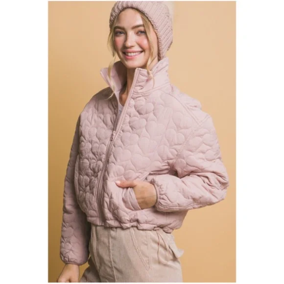 Cozy Blush Pink Heart Quilted Pockets Travel Bomber Jacket - Picture 2 of 6